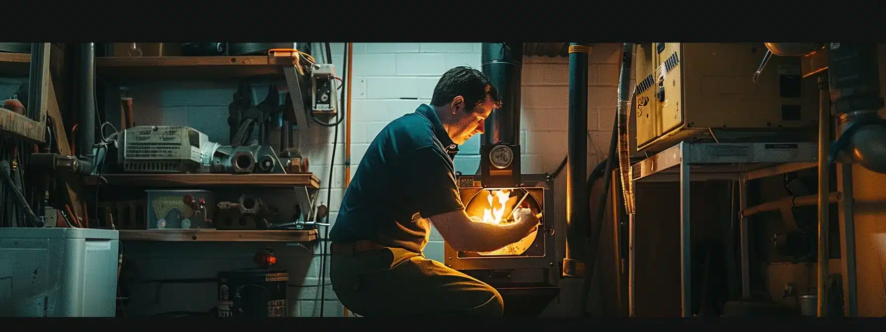 a professional technician inspecting a furnace with flames glowing inside, surrounded by tools and equipment in a dimly lit basement.