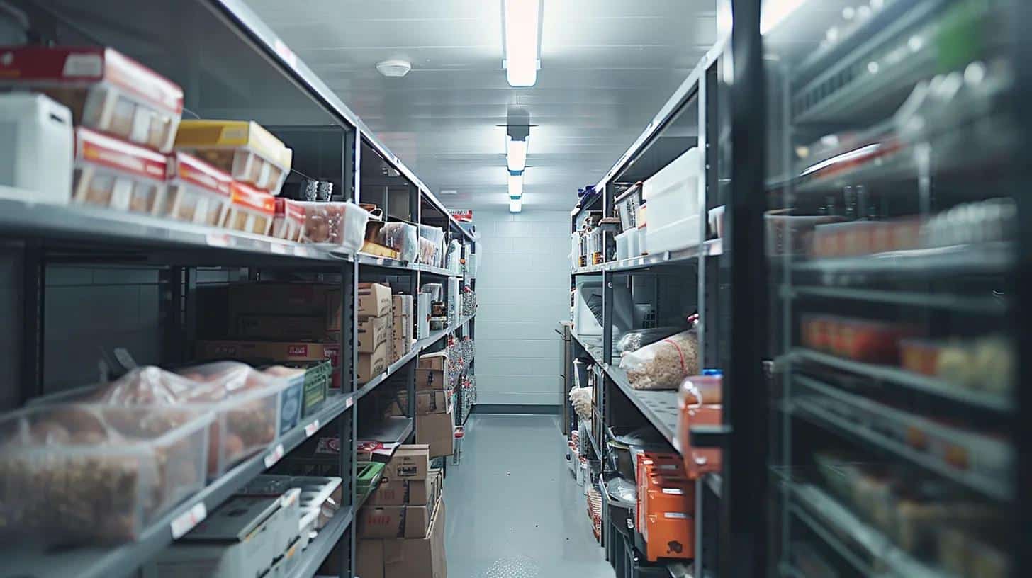 a pristine, well-organized walk-in freezer glistening with frost, showcasing shelves stocked with perfectly arranged food items under bright led lighting, symbolizing efficiency and savings in columbus food service operations.