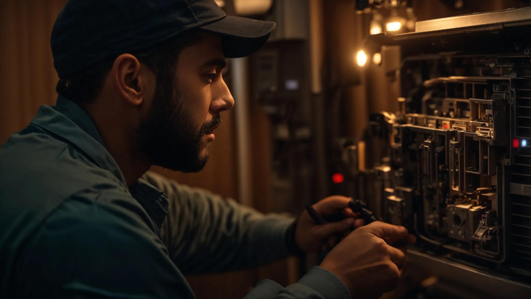 a close-up of a skilled technician expertly diagnosing a residential furnace, surrounded by tools and warm, inviting lighting that emphasizes the theme of reliable warmth and efficient repair services.