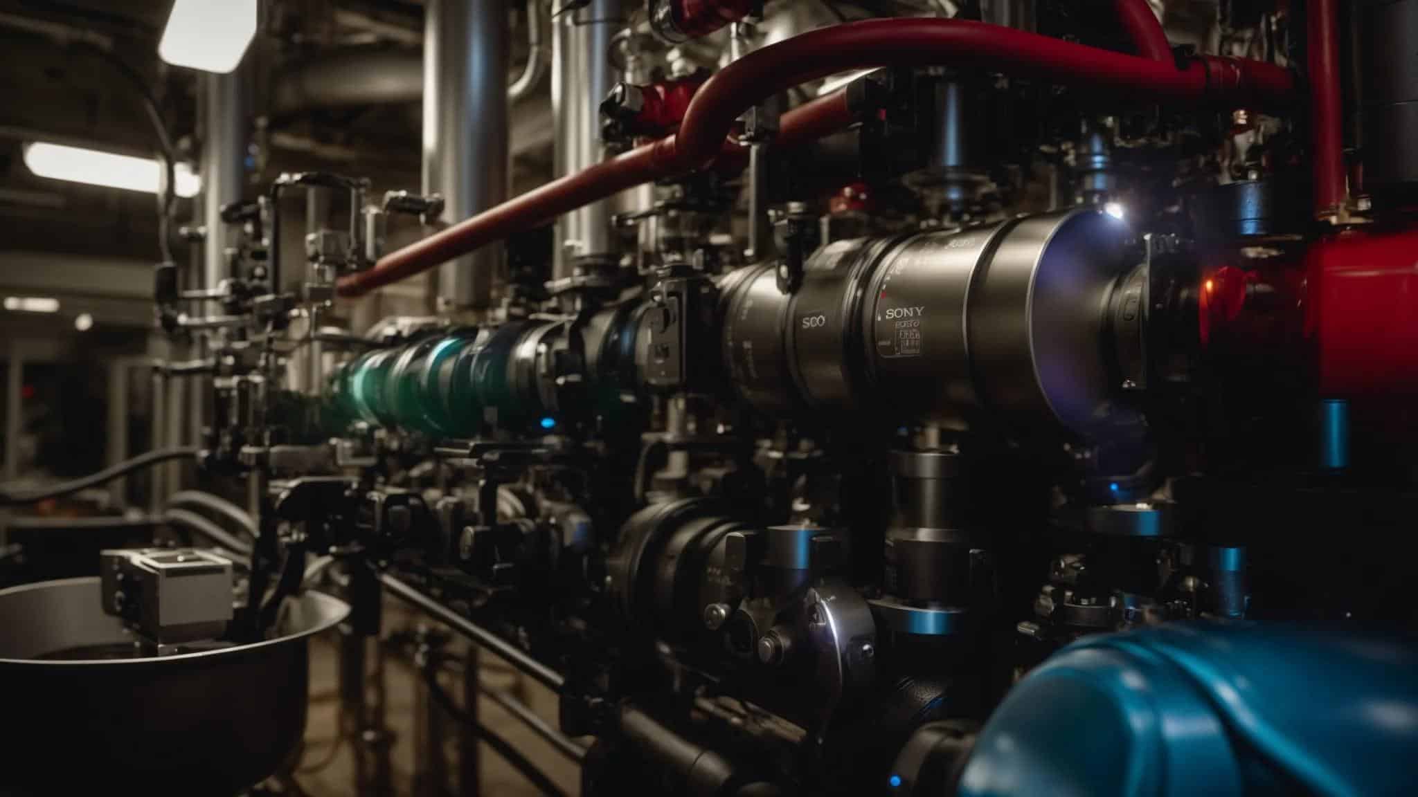 a dramatic close-up of a gleaming commercial backflow preventer, illuminated under bright emergency lighting, conveys urgency and precision in the midst of a repair scenario.